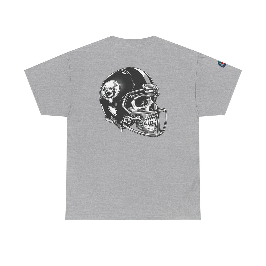Skull Helmet Football Tee — Grunge Athletic Graphic T‑Shirt