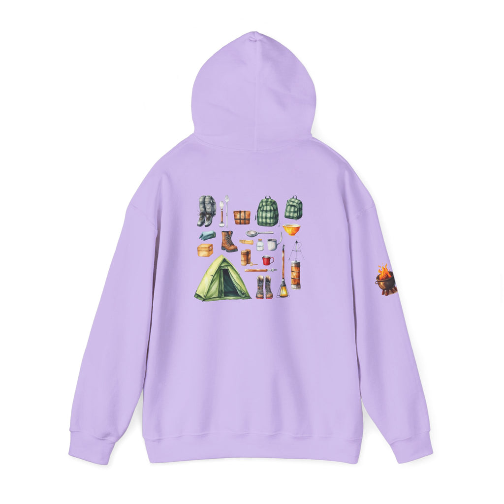 Camping Gear Hoodie  Tent, Boots, Lantern, Campfire Illustration
