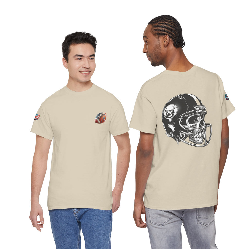 Skull Helmet Football Tee — Grunge Athletic Graphic T‑Shirt