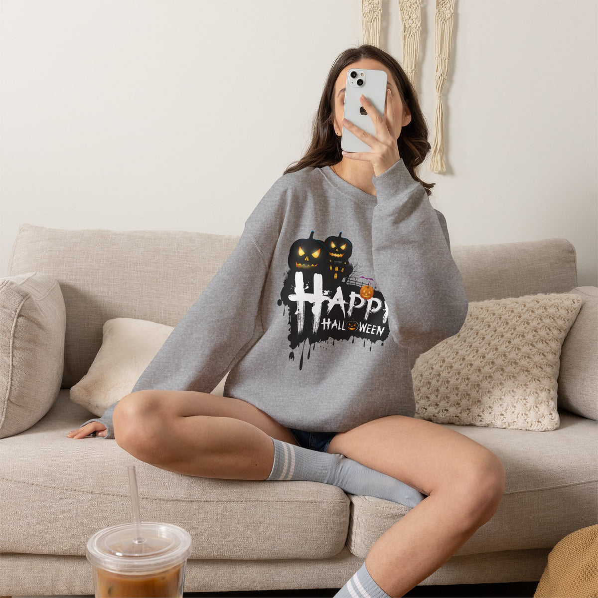 Halloween Pumpkin Crewneck Sweatshirt — "Happy Halloween" Graphic