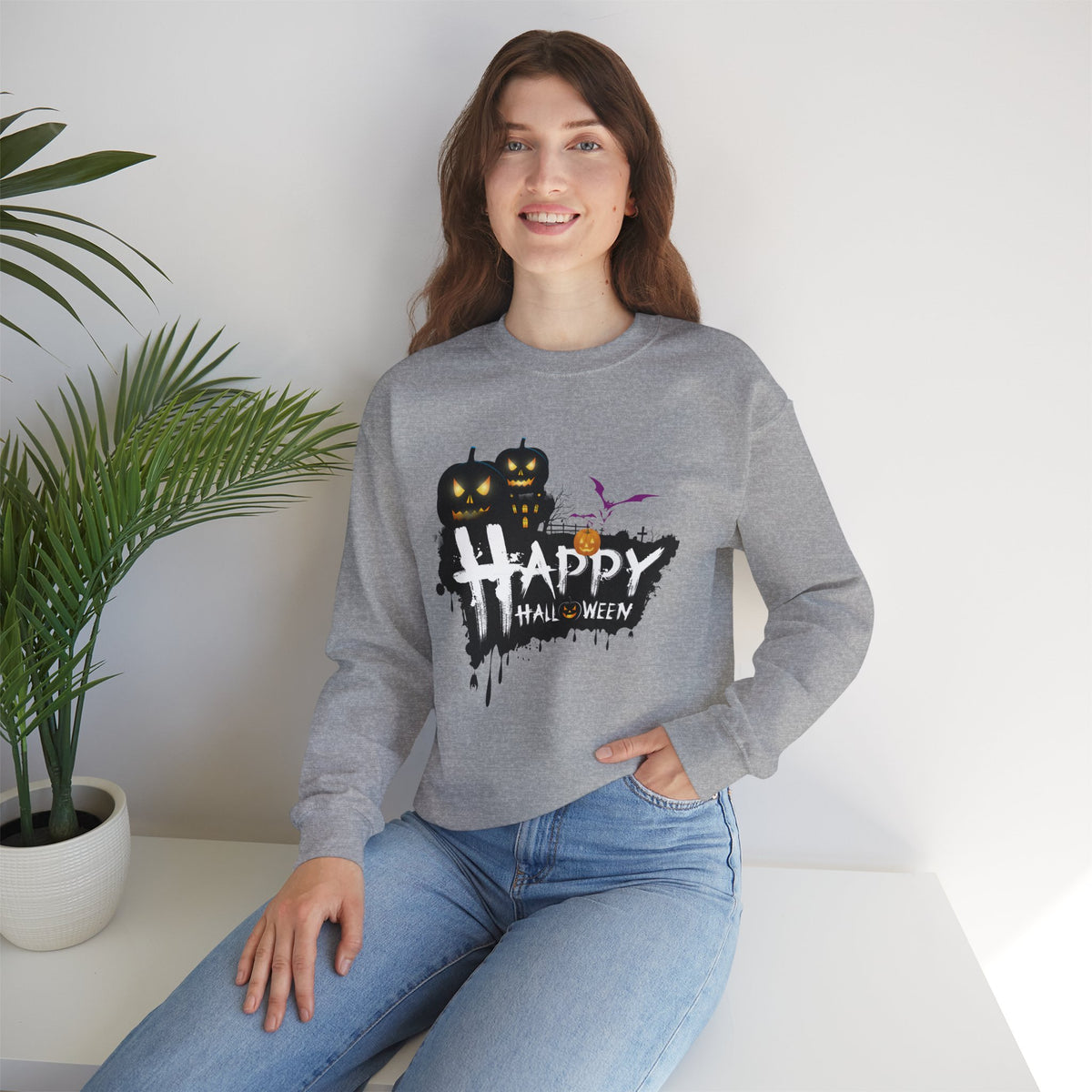 Halloween Pumpkin Crewneck Sweatshirt — "Happy Halloween" Graphic