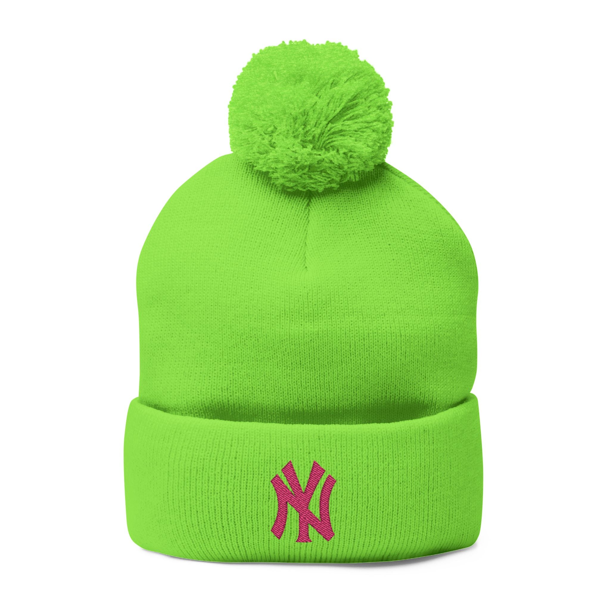 Embroidered Pom-Pom Knit Beanie — Grey Winter Hat with Pink NY Logo