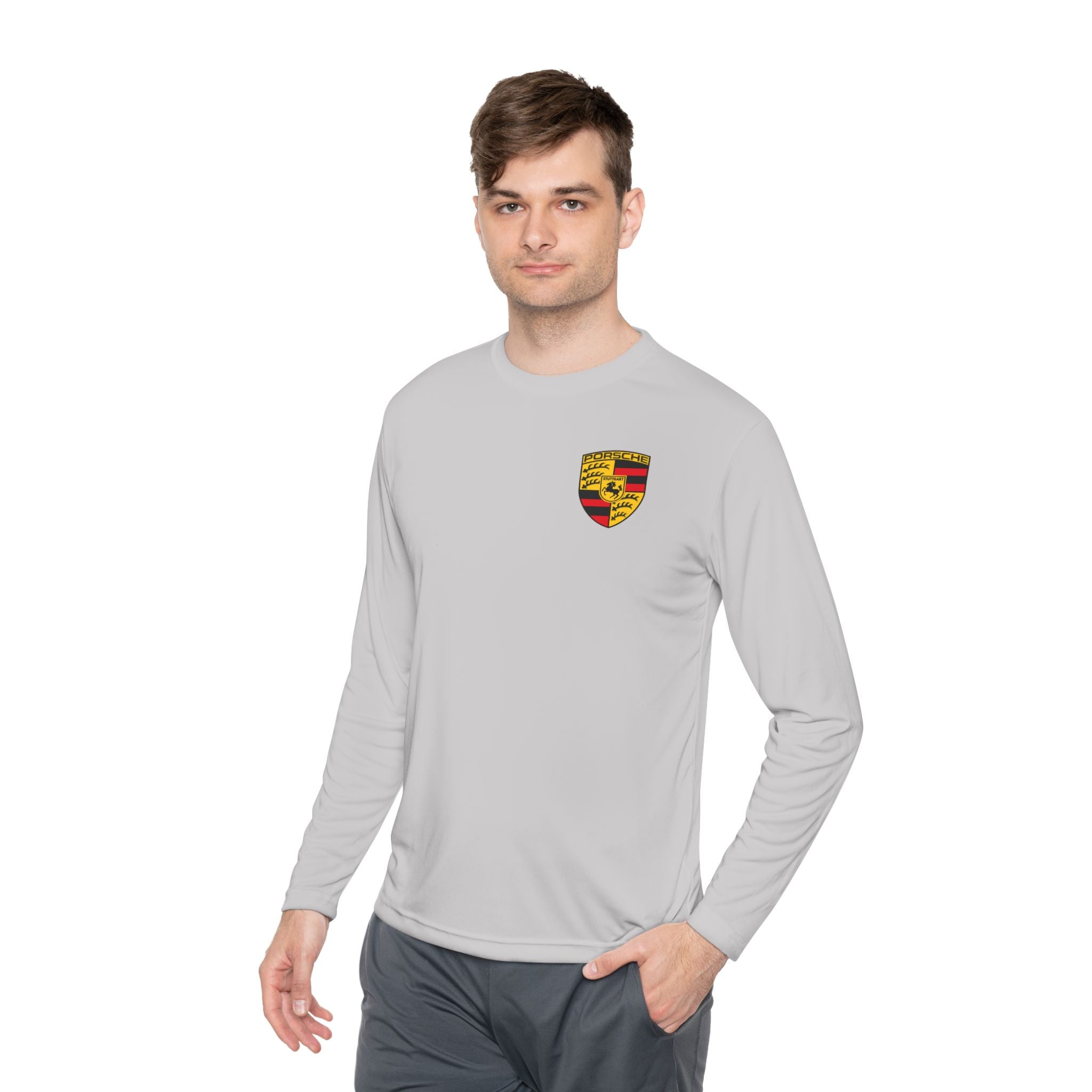 Porsche Racing Graphic Long Sleeve Tee Sports Car Crest and Rear View Print