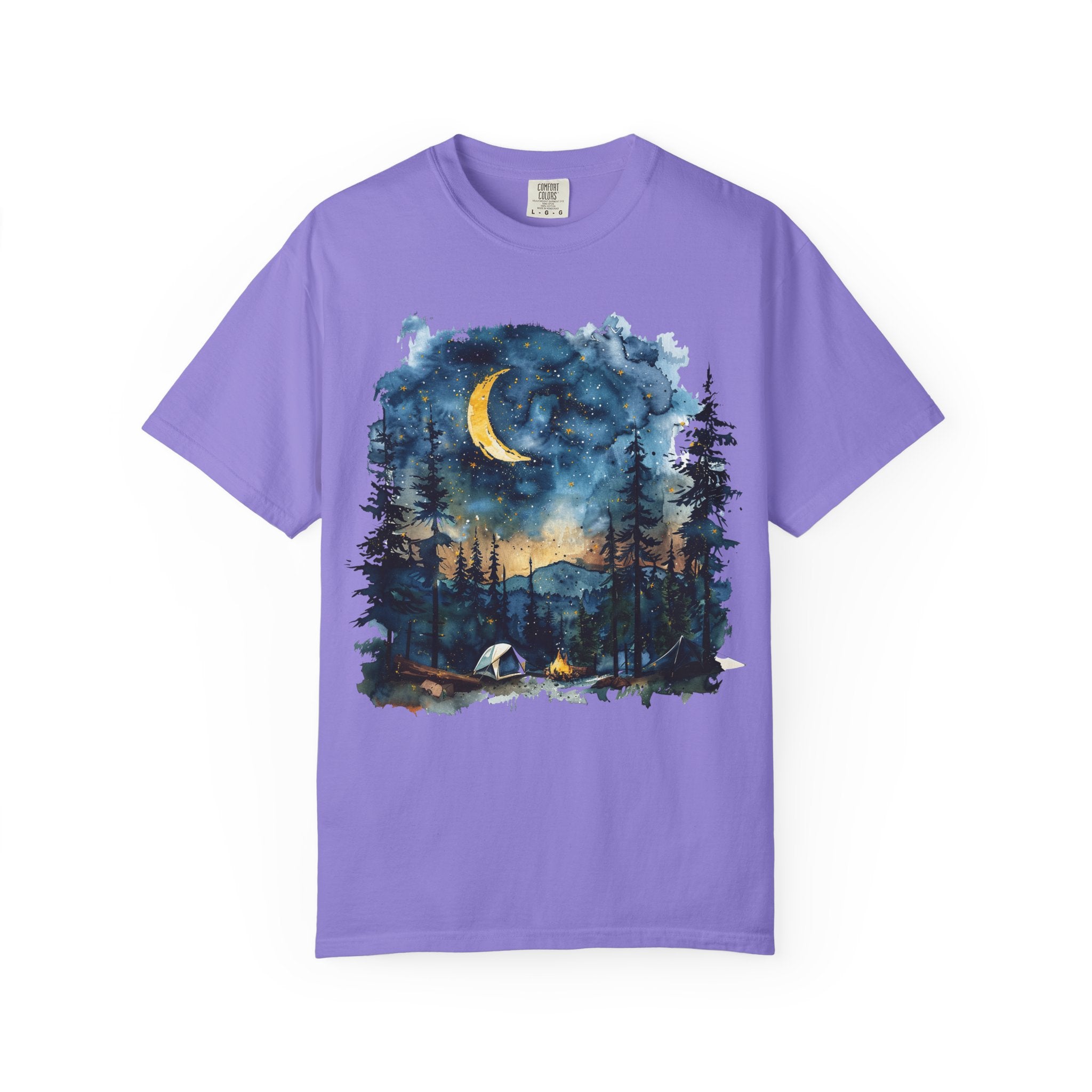Moonlit Campsite T-shirt | Forest Night Sky, Crescent Moon