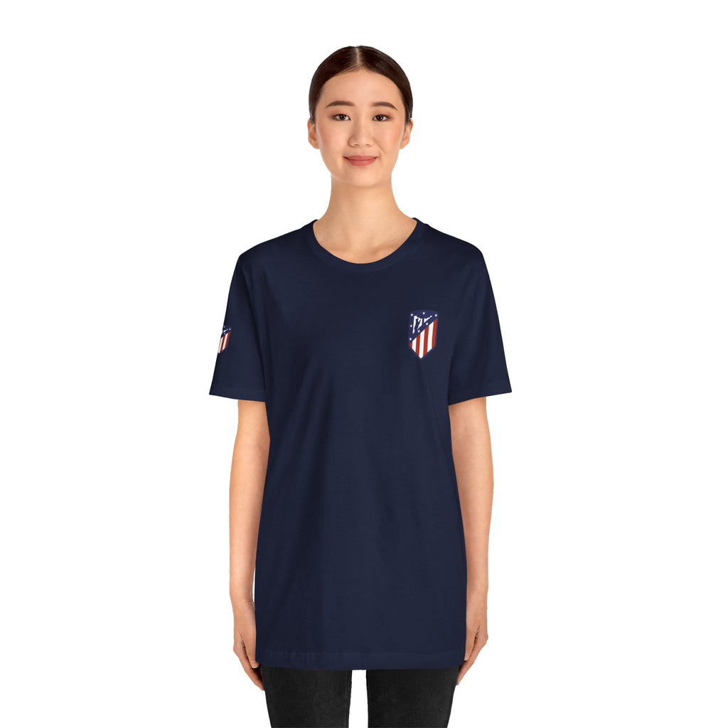 Atletico Madrid Shield T-Shirt Front Chest & Sleeve Logo Soccer Tee