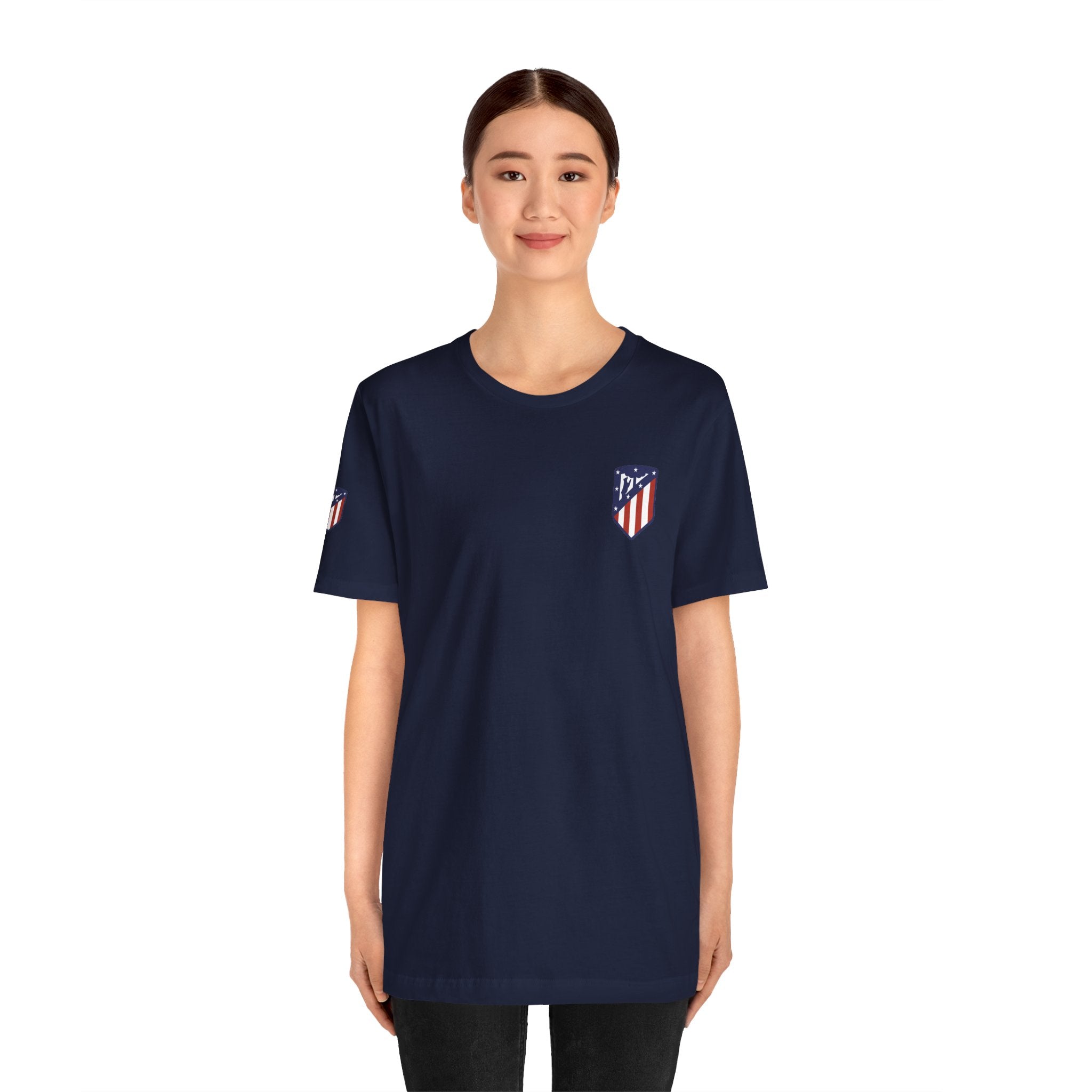 Atletico Madrid Shield T-Shirt Front Chest & Sleeve Logo Soccer Tee