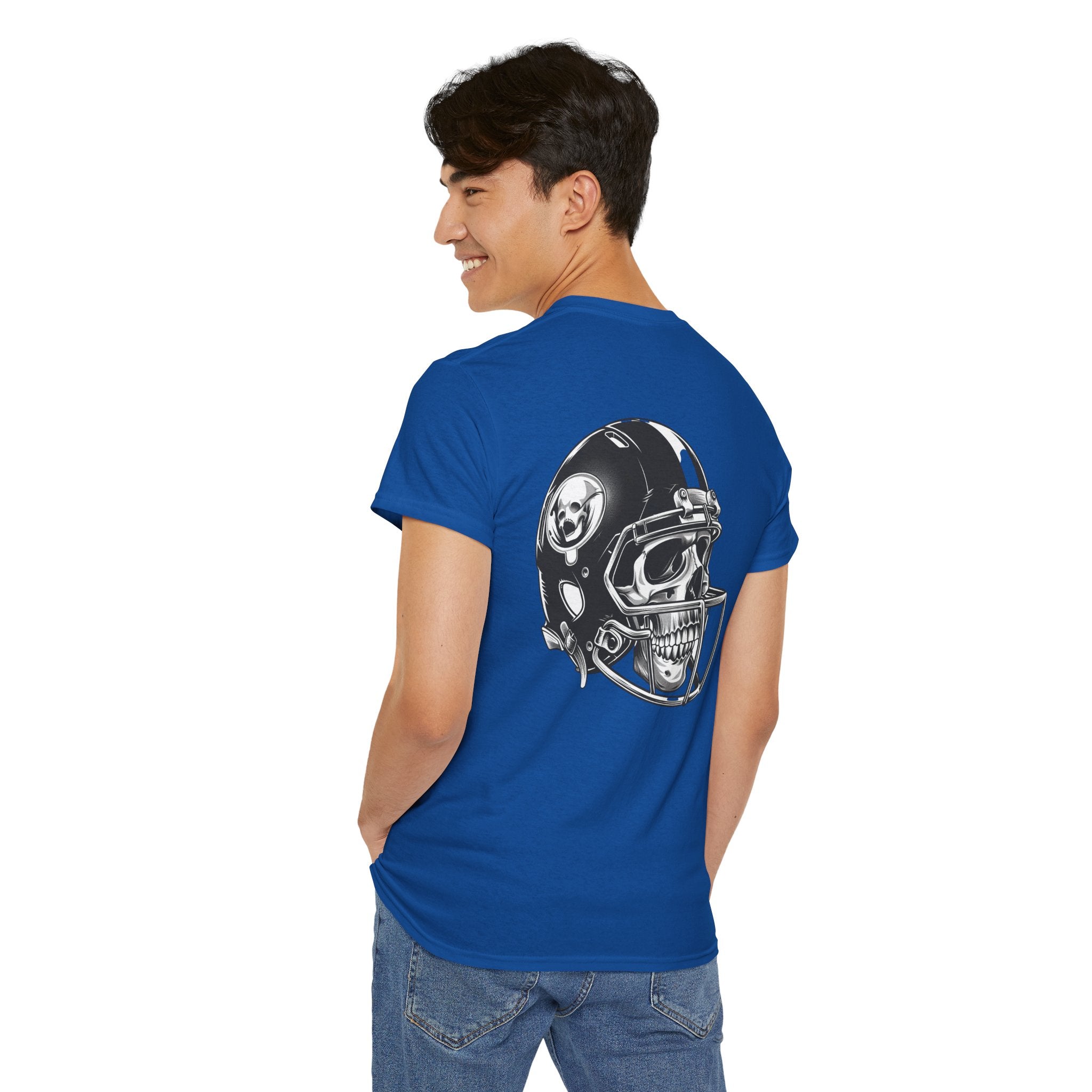 Skull Helmet Football Tee — Grunge Athletic Graphic T‑Shirt