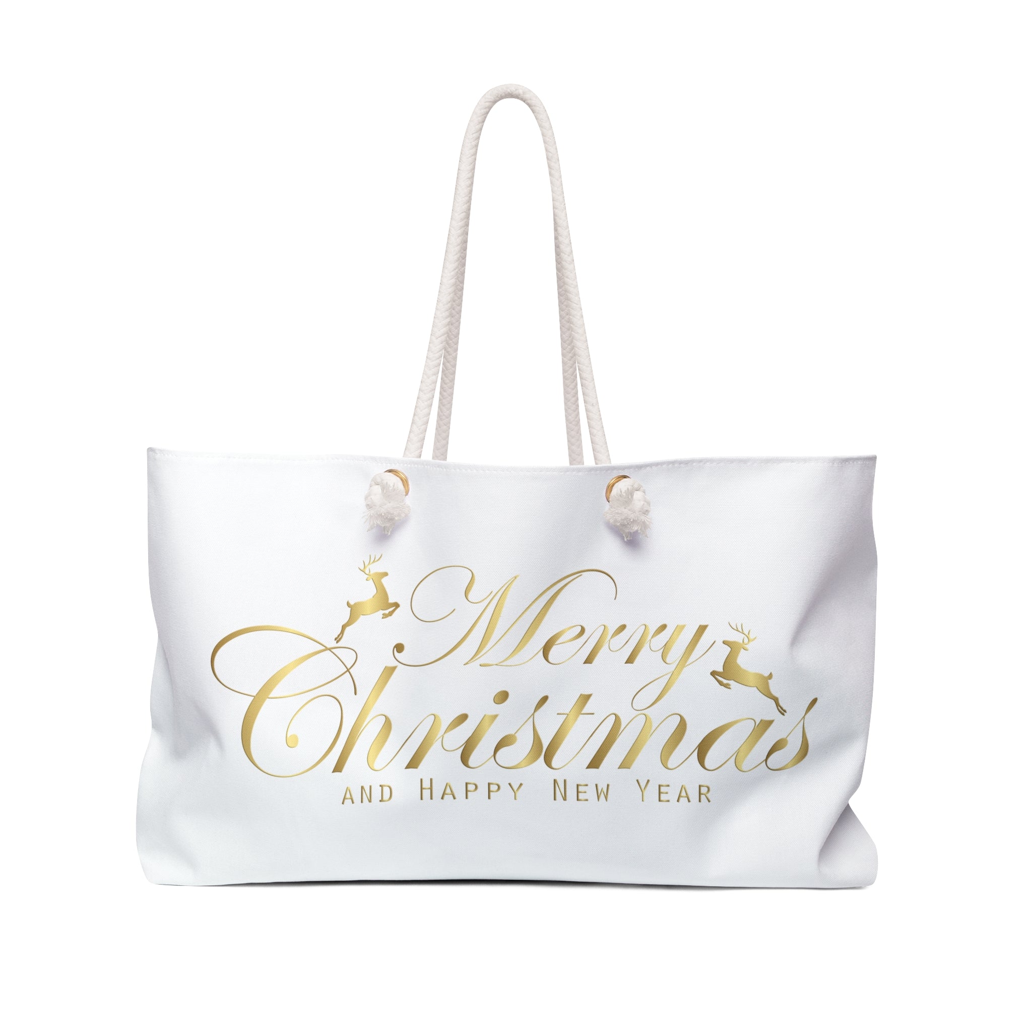 Merry Christmas script with reindeer Weekender Bag | holiday gold typography