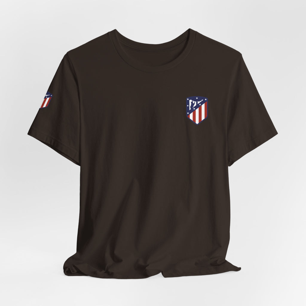 Atletico Madrid Shield T-Shirt Front Chest & Sleeve Logo Soccer Tee