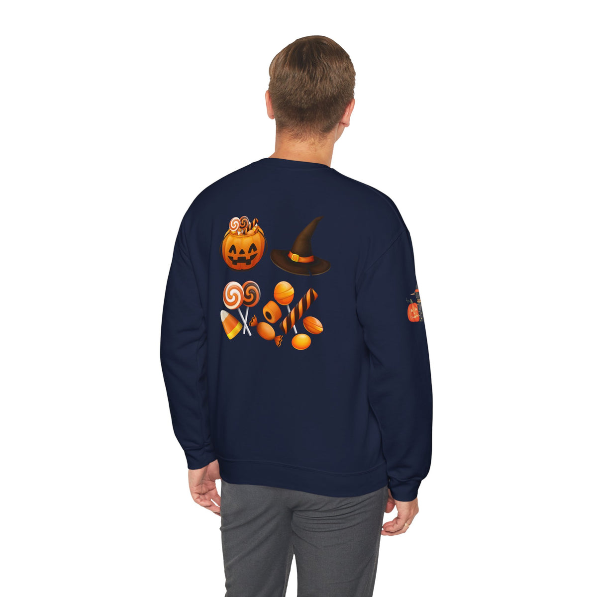 Halloween Candy Crewneck Sweatshirt — 'Happy Halloween' Jack-o'-Lantern & Candy Design
