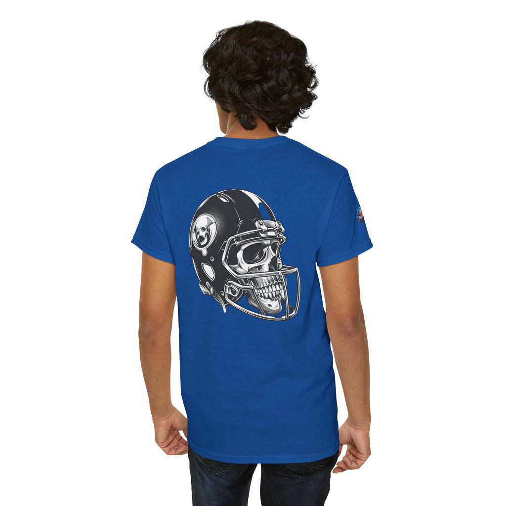 Skull Helmet Football Tee — Grunge Athletic Graphic T‑Shirt