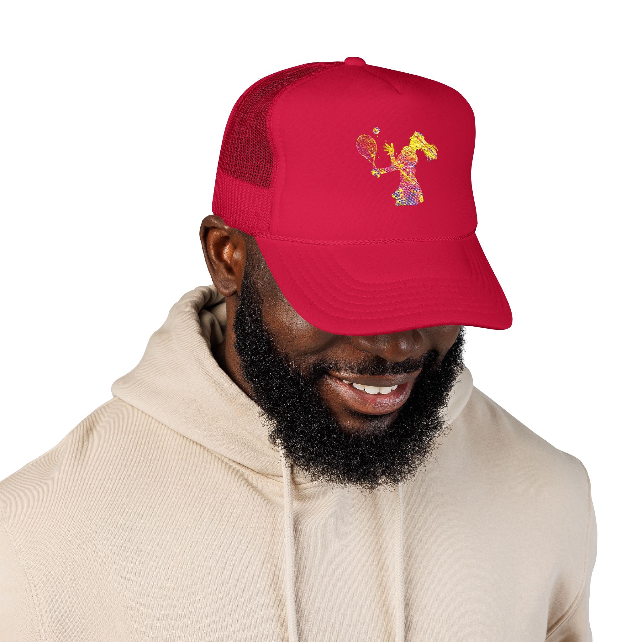 Embroidered Colorful Tennis Player Foam Trucker Hat Sporty Retro Mesh Cap