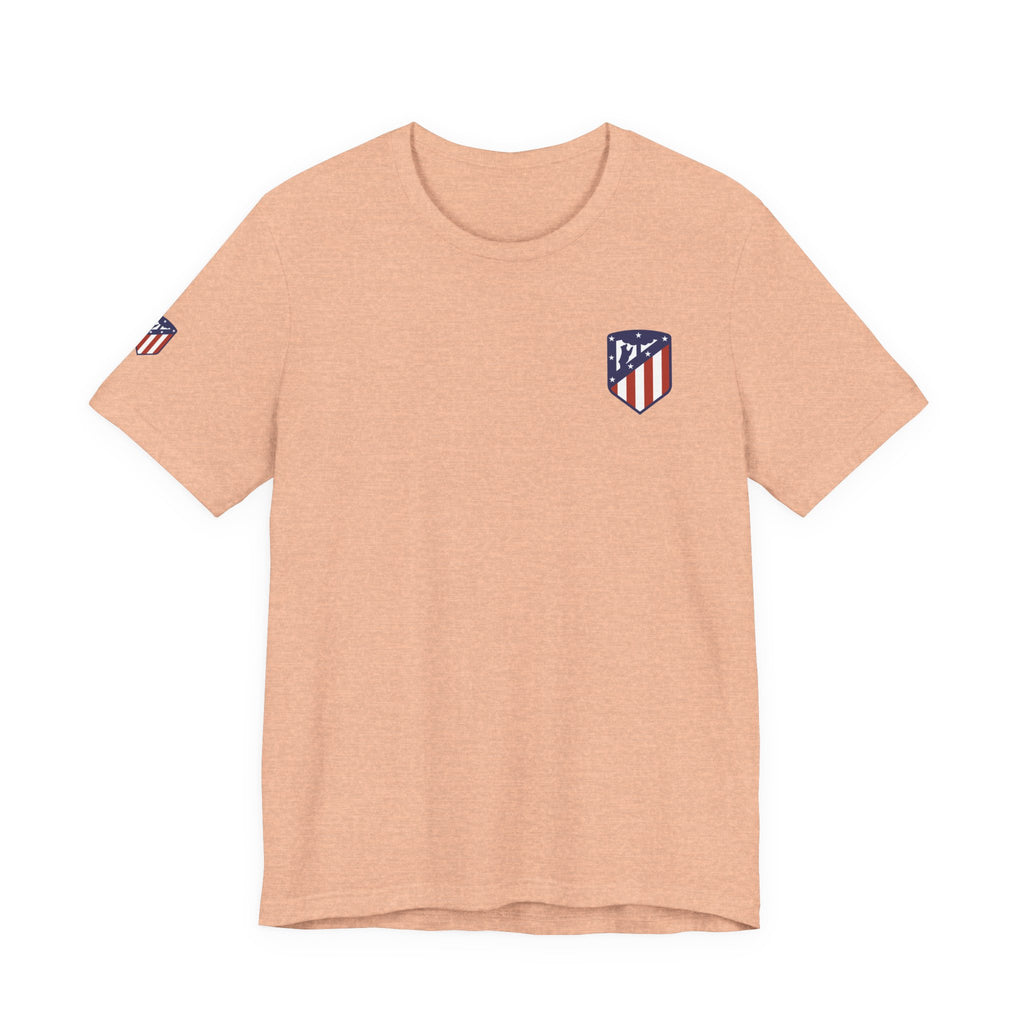 Atletico Madrid Shield T-Shirt Front Chest & Sleeve Logo Soccer Tee