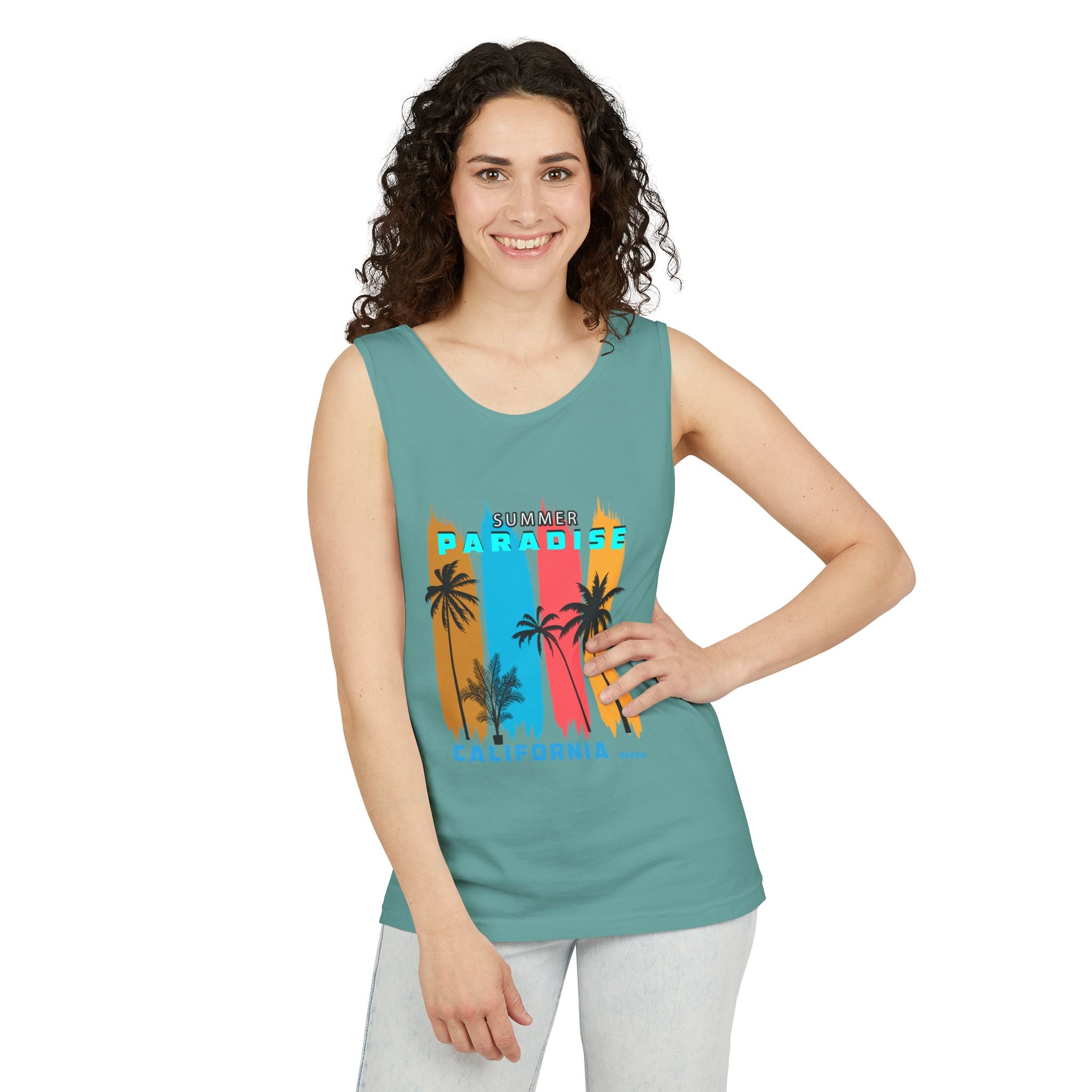 California Paradise Palm Tank Top Retro Beach Sunset Graphic