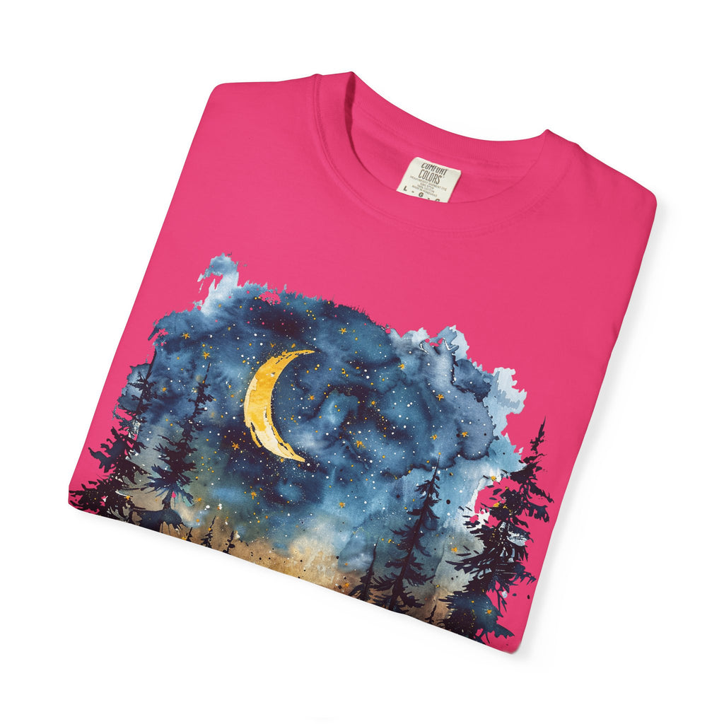 Moonlit Campsite T-shirt | Forest Night Sky, Crescent Moon