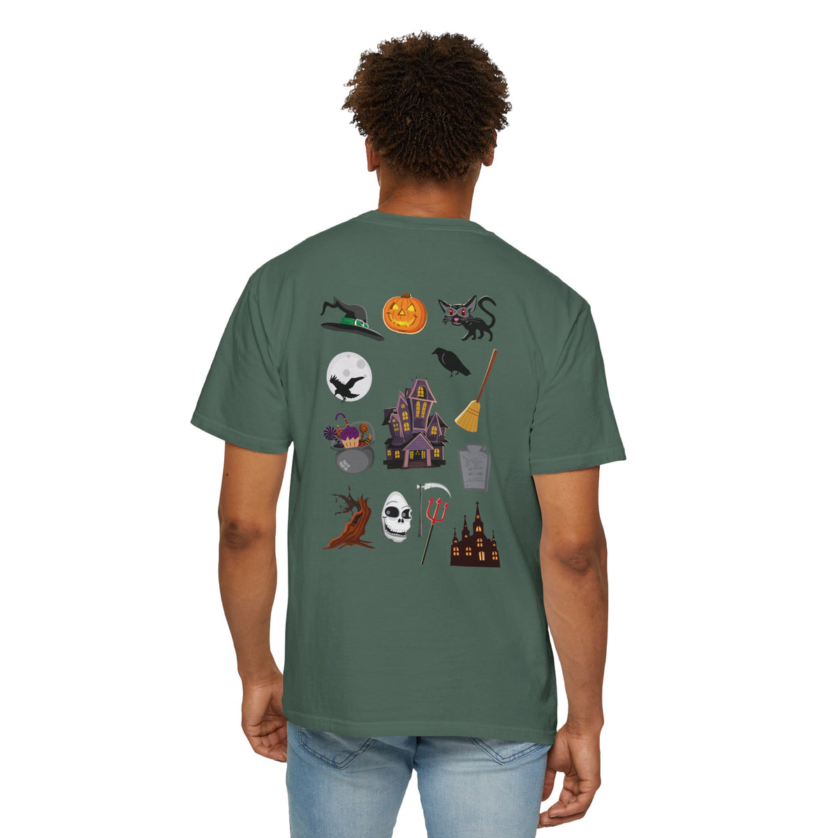 Halloween Icons T-Shirt — "Happy Halloween" Graphic Tee with Spooky Back Illustrations