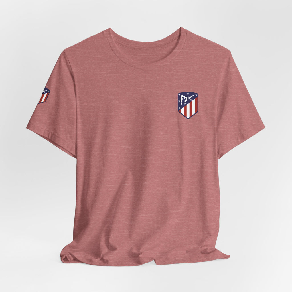 Atletico Madrid Shield T-Shirt Front Chest & Sleeve Logo Soccer Tee