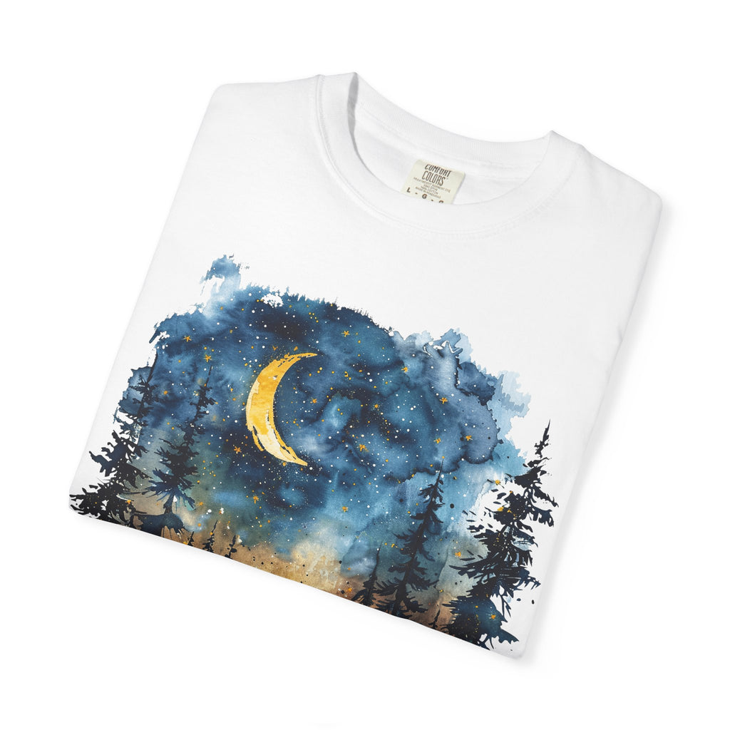 Moonlit Campsite T-shirt | Forest Night Sky, Crescent Moon