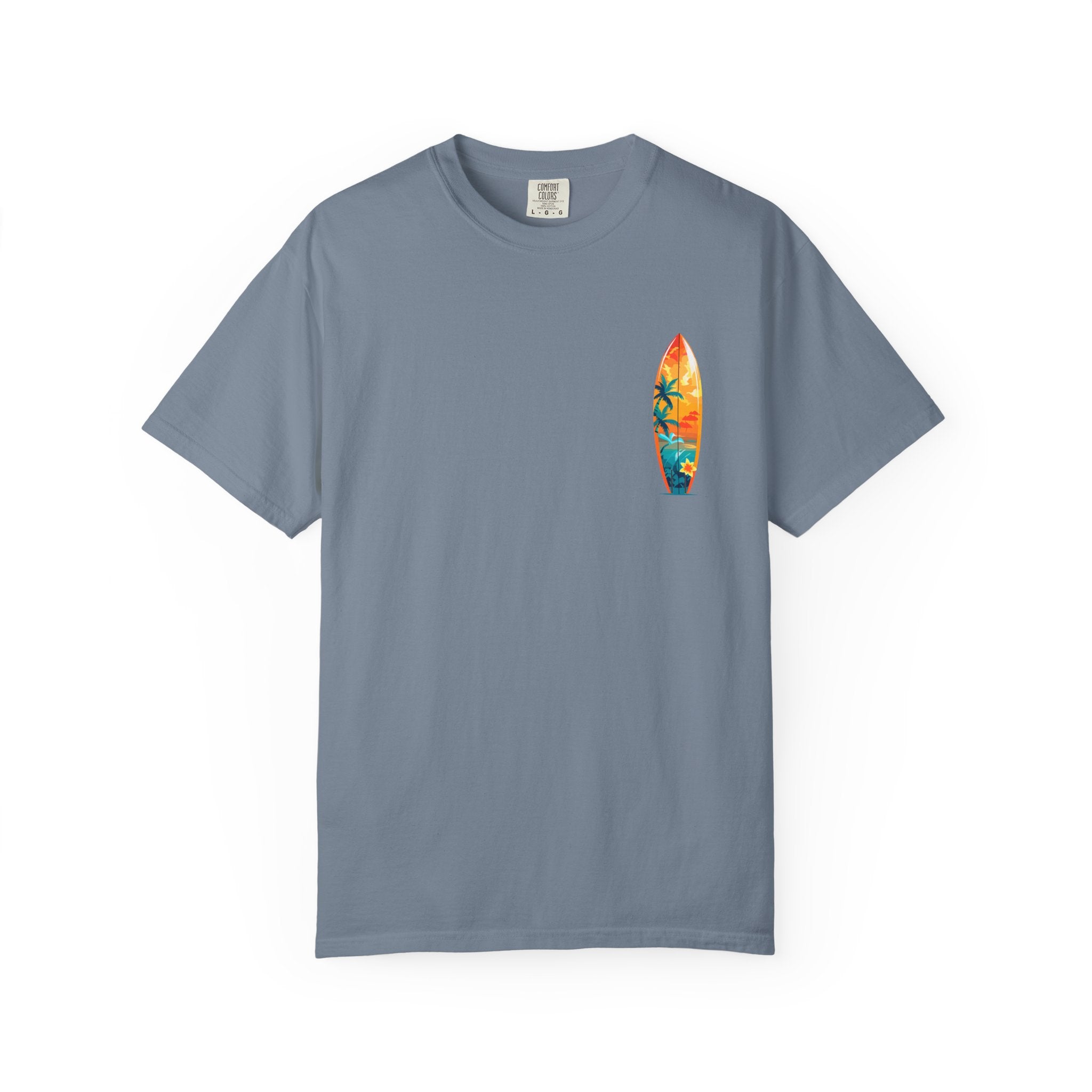 Surfing Tropical Board T-Shirt Beach Vibes Tee with Colorful Surfboard Design