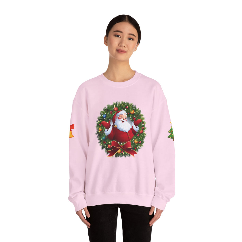 Santa in Wreath Crewneck Sweatshirt Christmas Tree Sleeve Accents