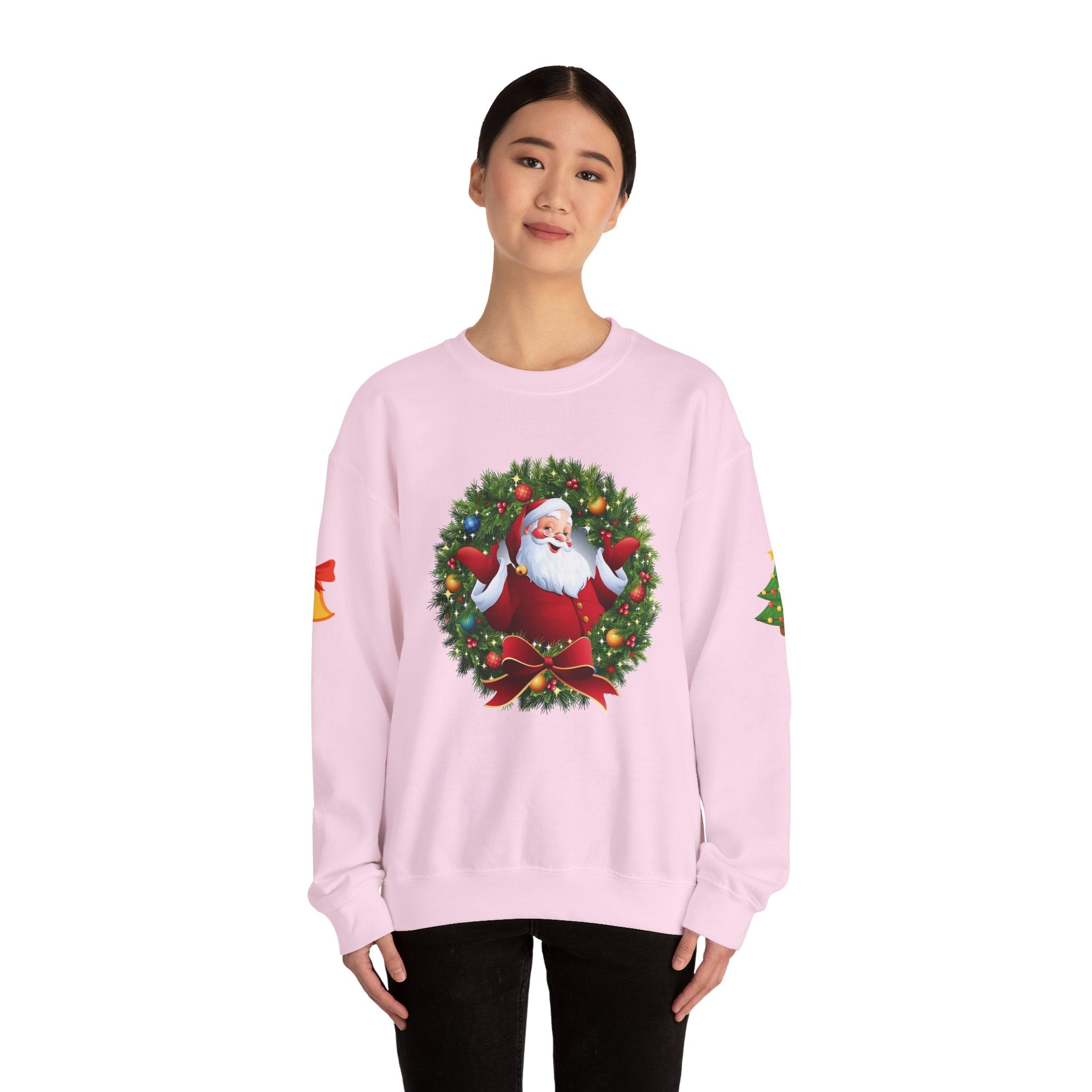 Santa in Wreath Crewneck Sweatshirt Christmas Tree Sleeve Accents