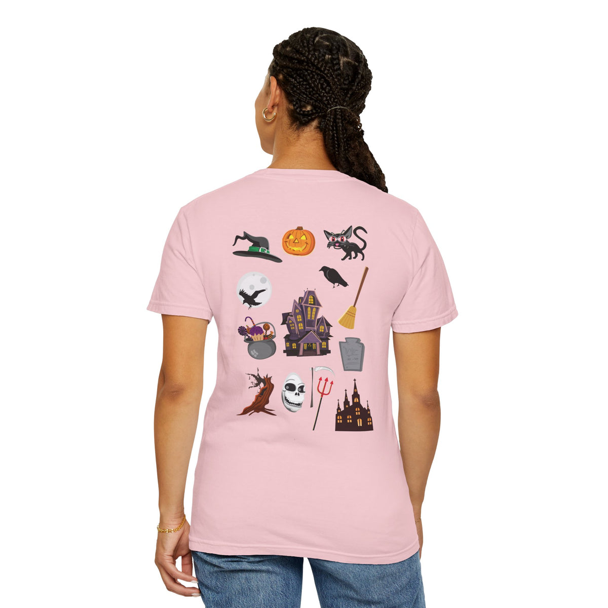 Halloween Icons T-Shirt — "Happy Halloween" Graphic Tee with Spooky Back Illustrations