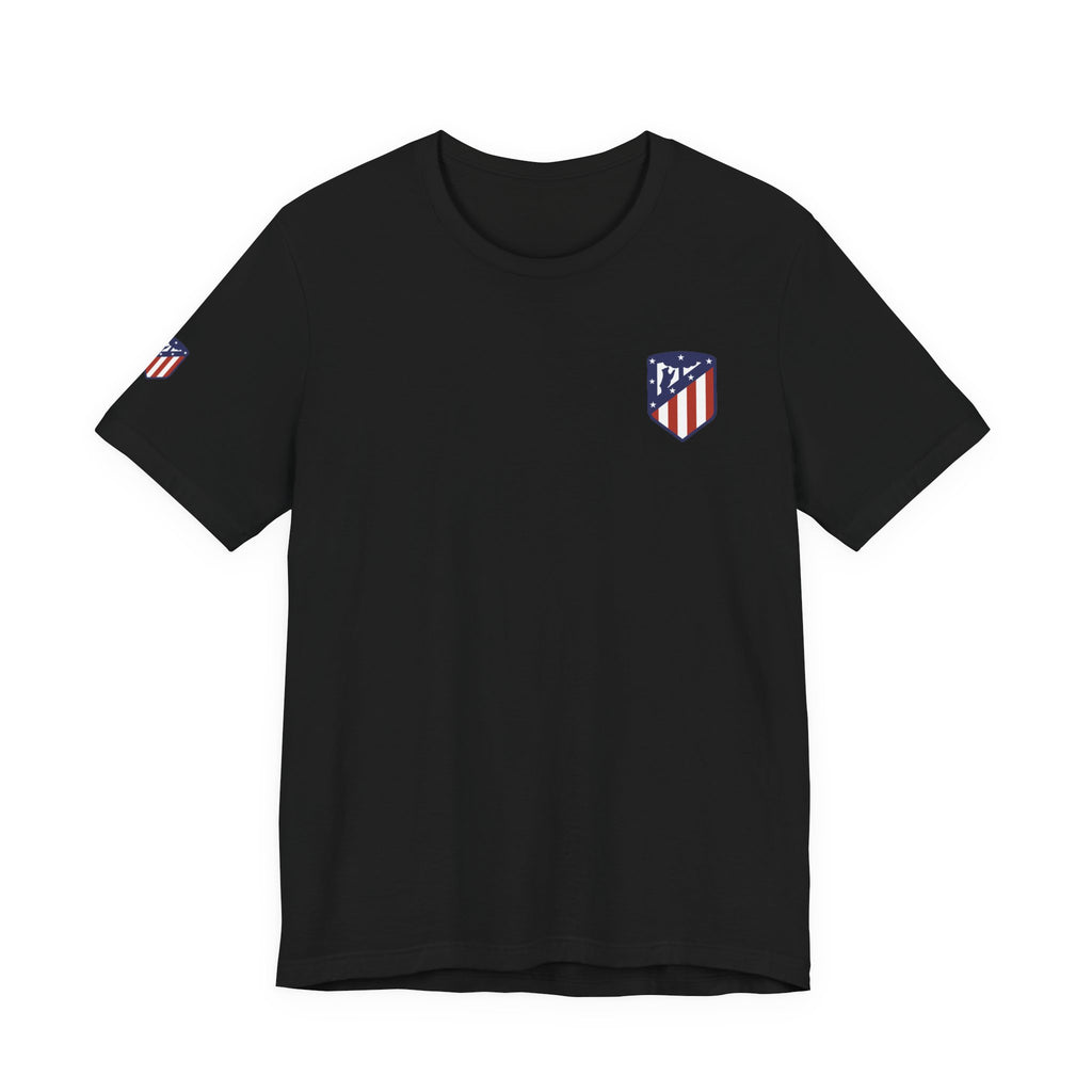 Atletico Madrid Shield T-Shirt Front Chest & Sleeve Logo Soccer Tee
