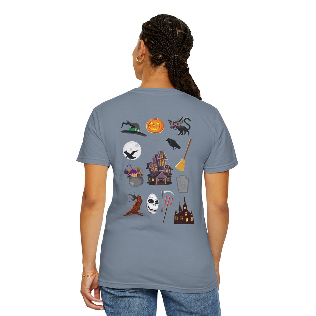 Halloween Icons T-Shirt — "Happy Halloween" Graphic Tee with Spooky Back Illustrations