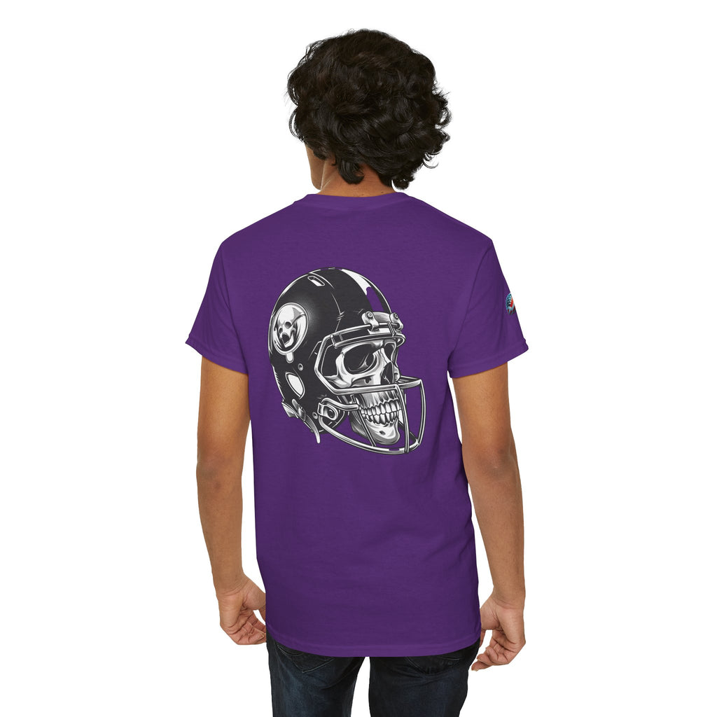 Skull Helmet Football Tee — Grunge Athletic Graphic T‑Shirt