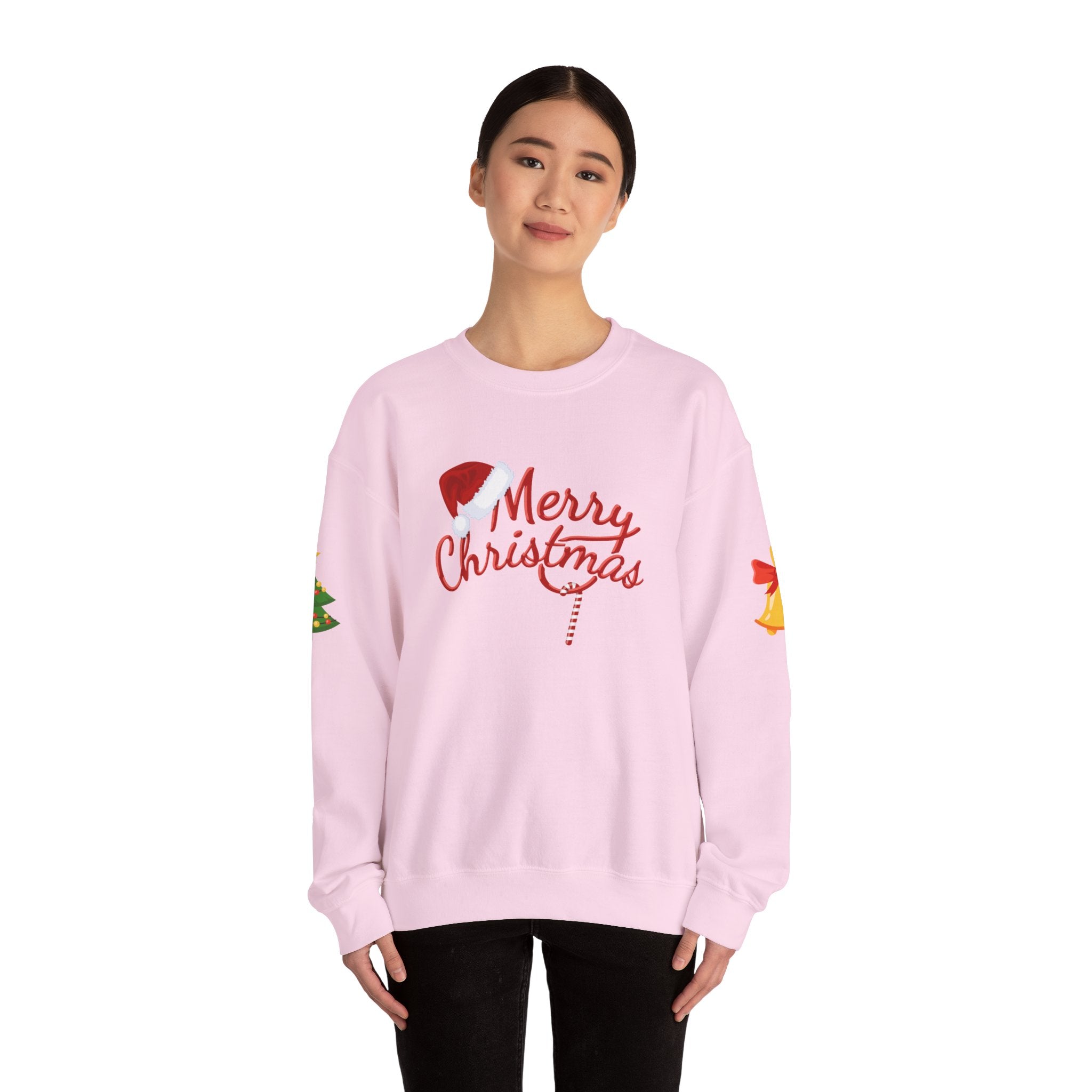 Merry Christmas script candy cane Sweatshirt | Christmas tree sleeve design