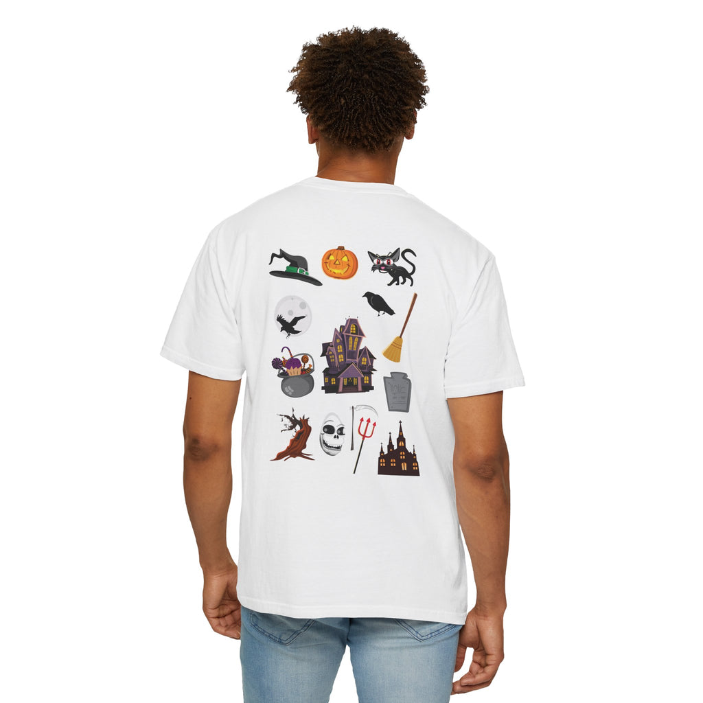 Halloween Icons T-Shirt — "Happy Halloween" Graphic Tee with Spooky Back Illustrations