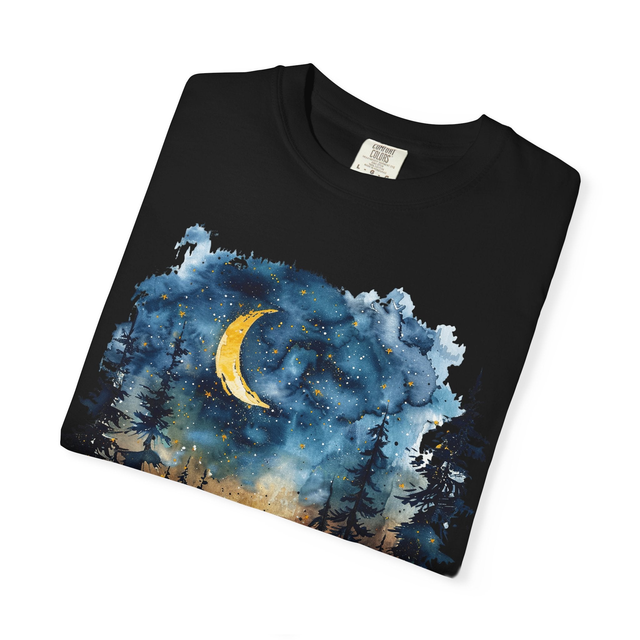Moonlit Campsite T-shirt | Forest Night Sky, Crescent Moon