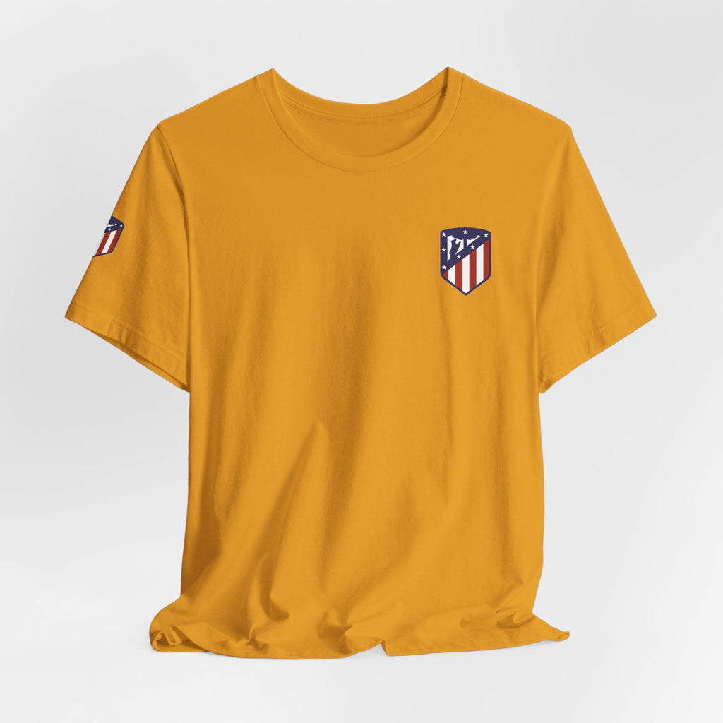 Atletico Madrid Shield T-Shirt Front Chest & Sleeve Logo Soccer Tee