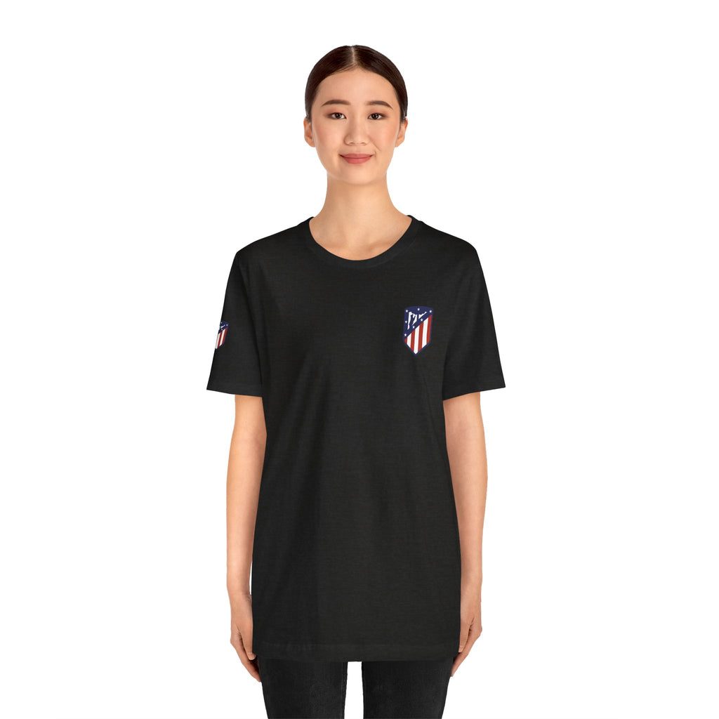 Atletico Madrid Shield T-Shirt Front Chest & Sleeve Logo Soccer Tee