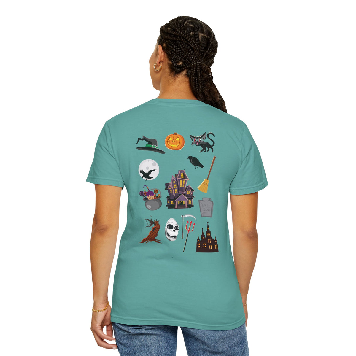 Halloween Icons T-Shirt — "Happy Halloween" Graphic Tee with Spooky Back Illustrations