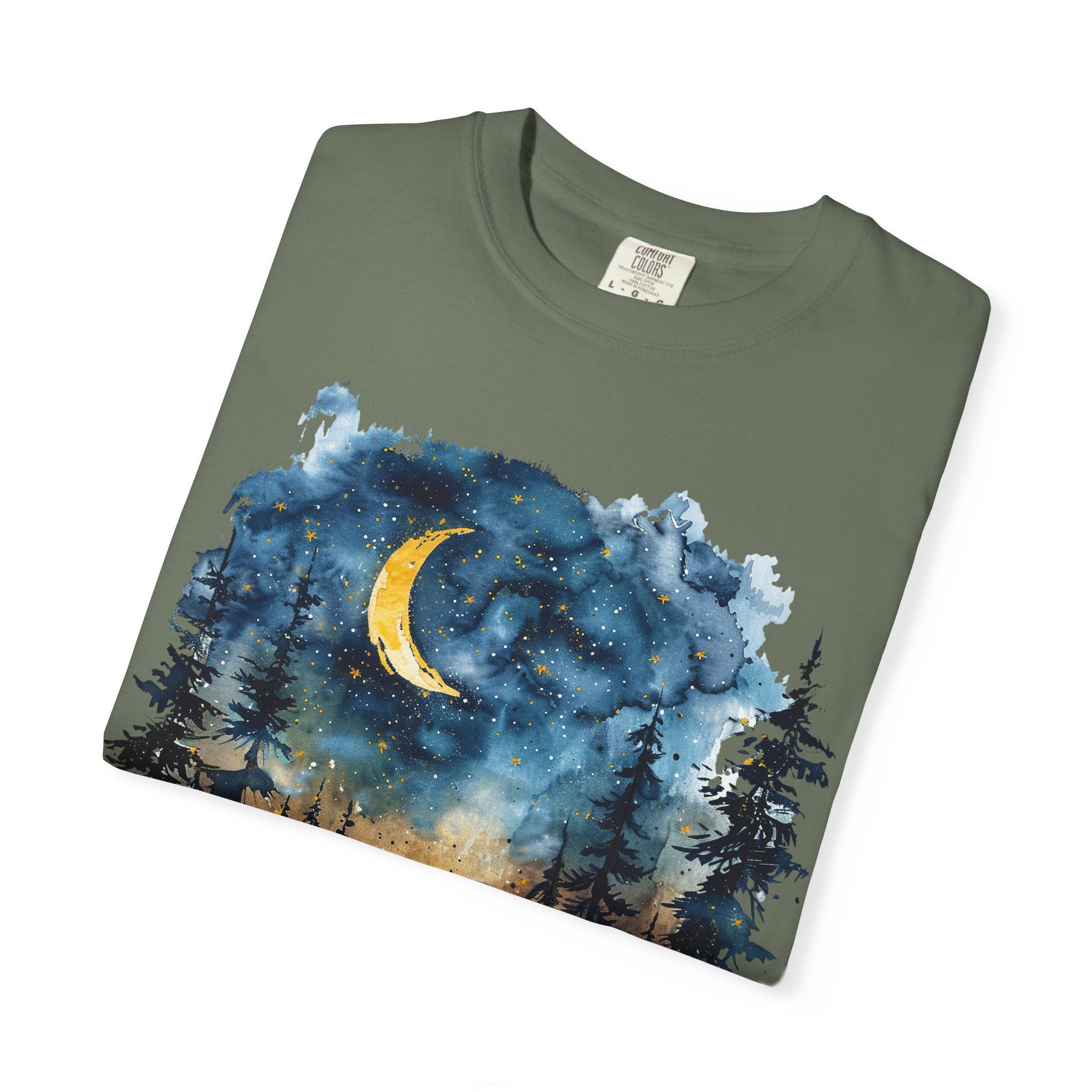 Moonlit Campsite T-shirt | Forest Night Sky, Crescent Moon