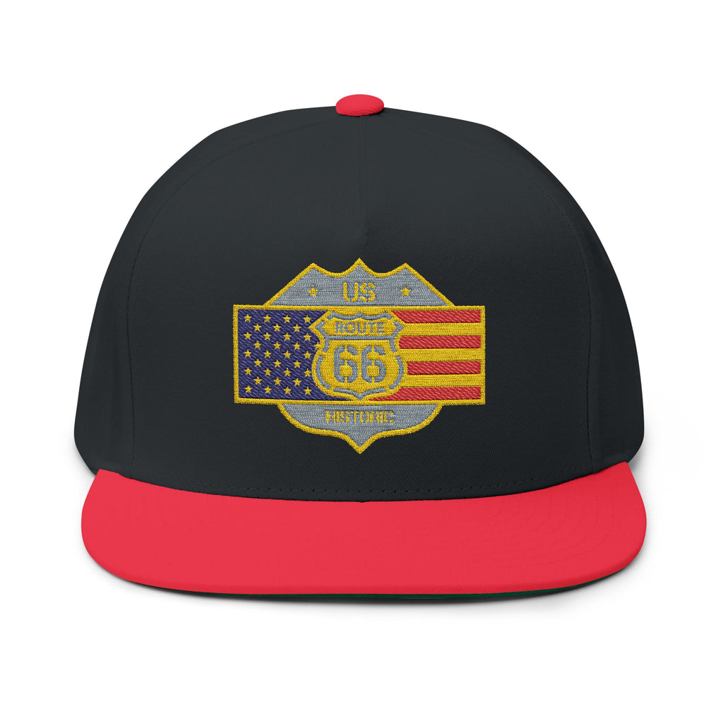 American Flag Route 66 Embroidered Flat Bill Cap