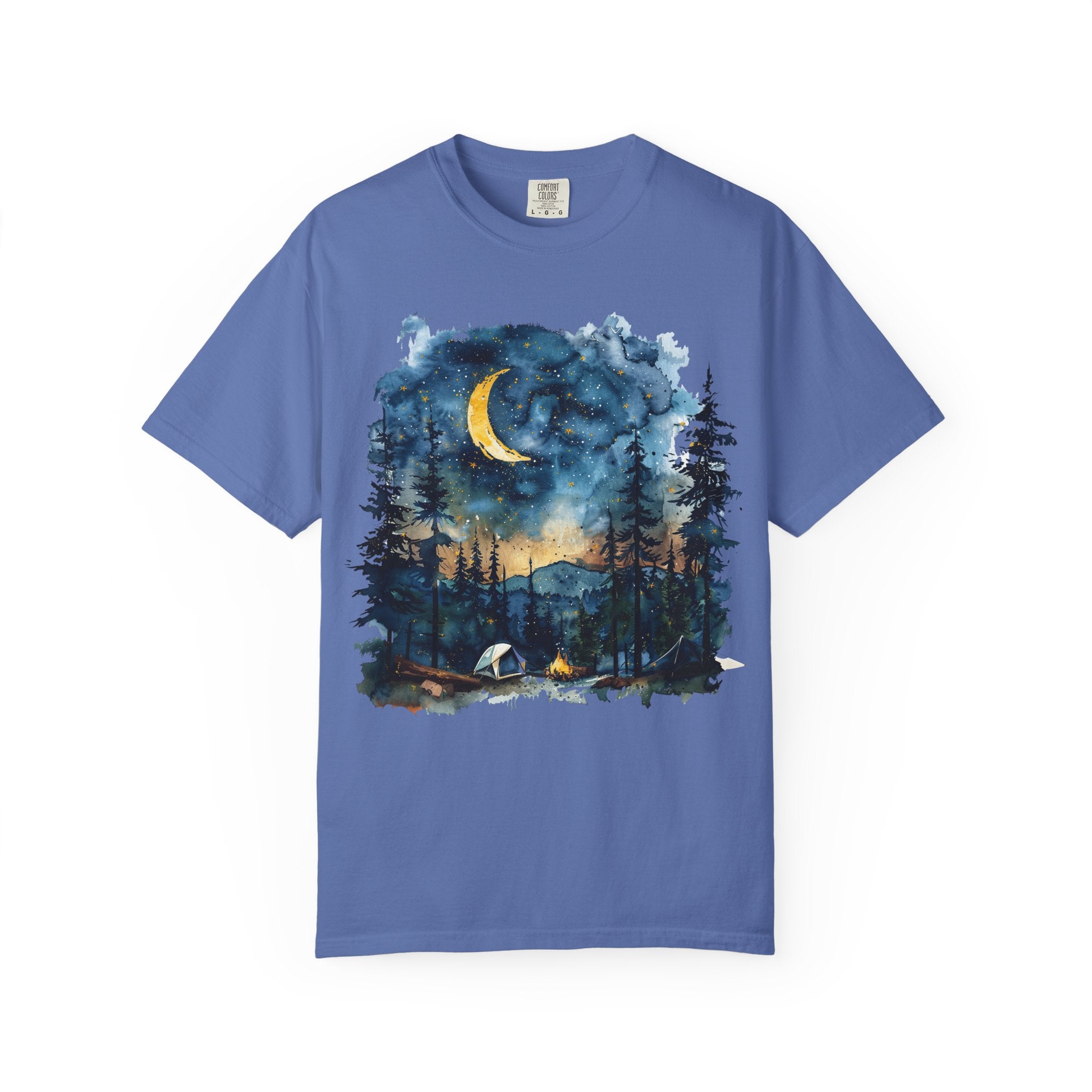 Moonlit Campsite T-shirt | Forest Night Sky, Crescent Moon
