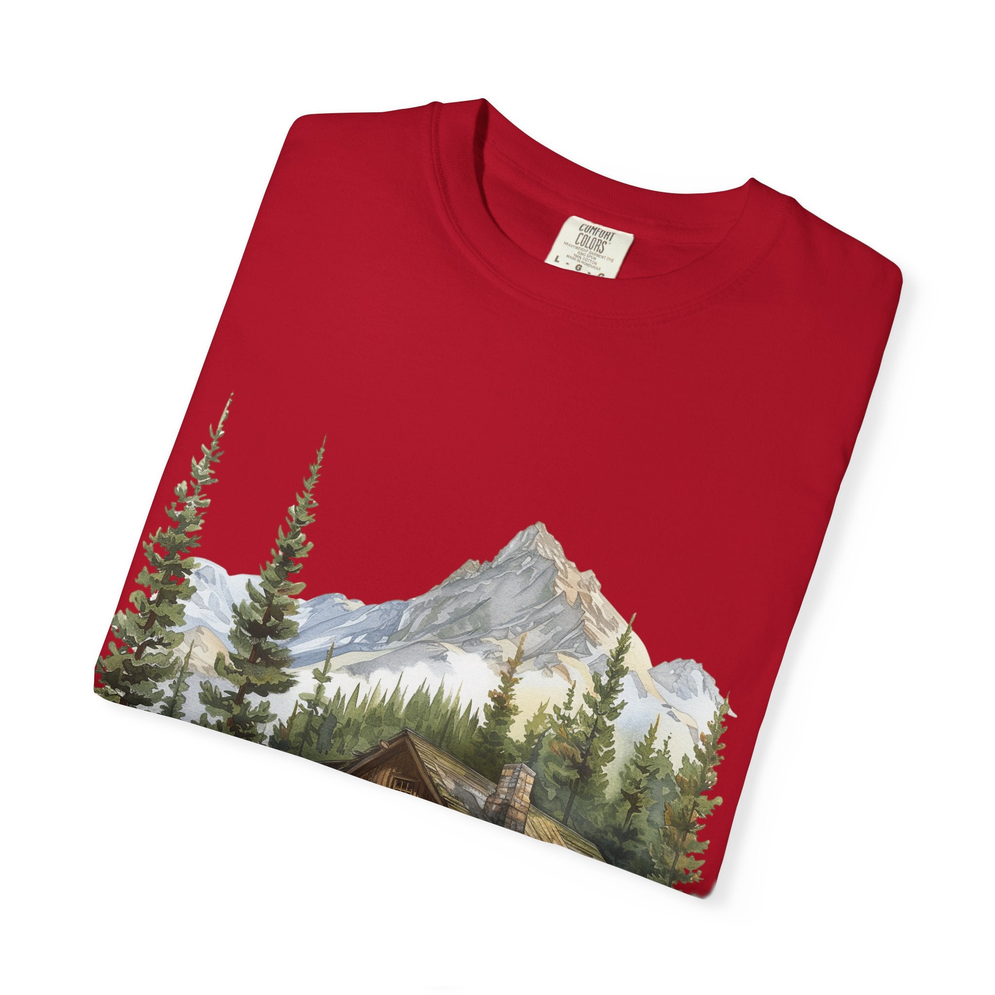 Mountain Log Cabin Illustration T-Shirt | Rustic Nature Scene