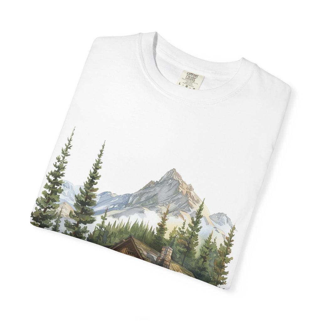 Mountain Log Cabin Illustration T-Shirt | Rustic Nature Scene