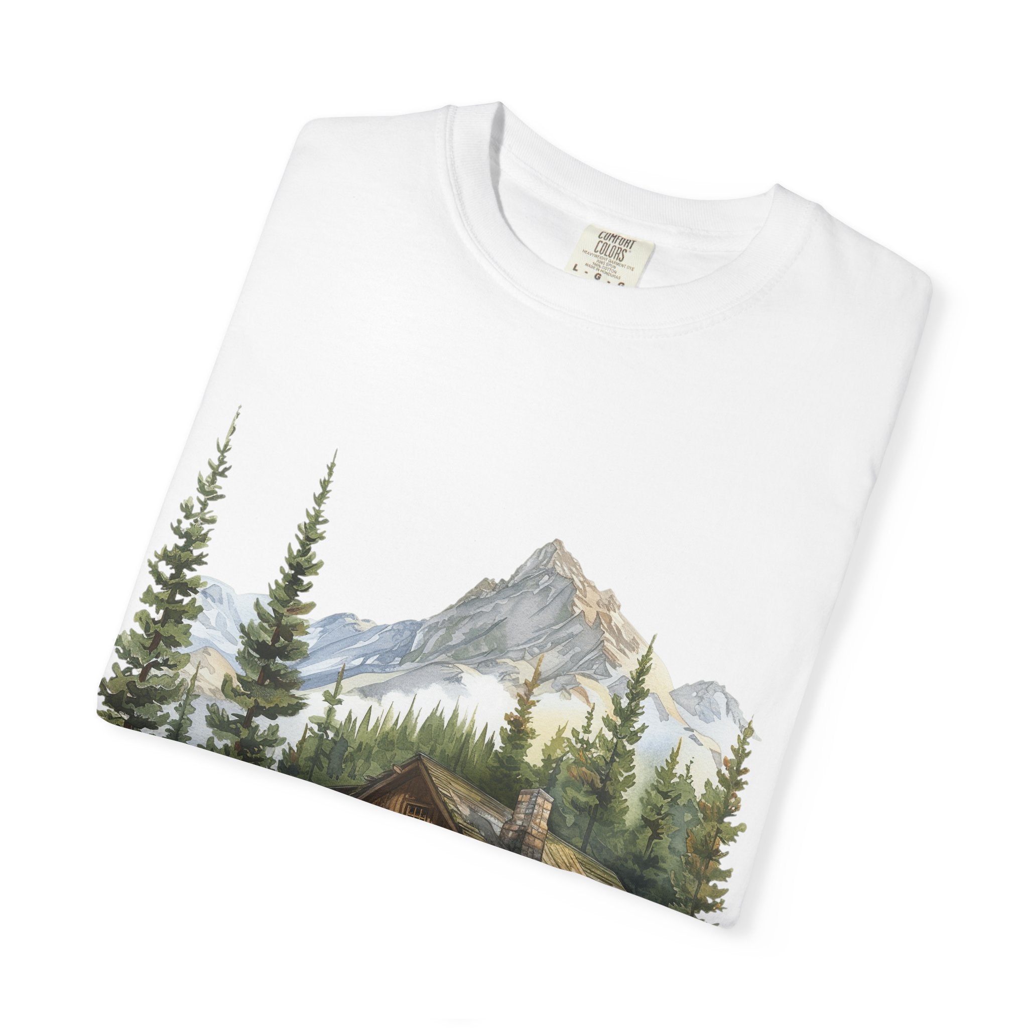 Mountain Log Cabin Illustration T-Shirt | Rustic Nature Scene