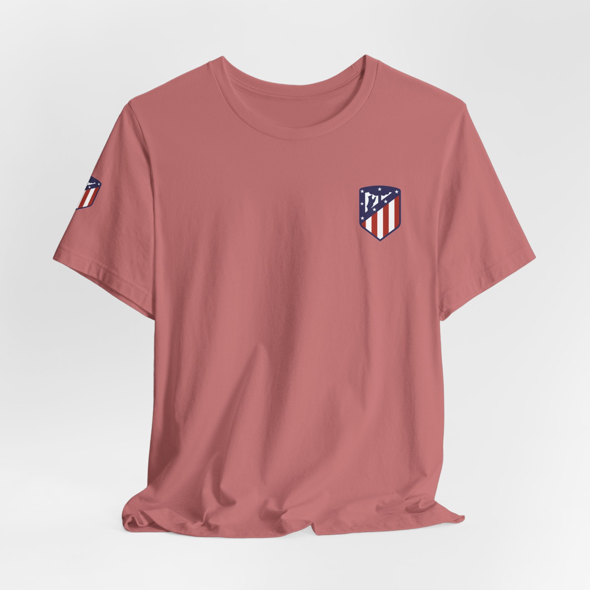 Atletico Madrid Shield T-Shirt Front Chest & Sleeve Logo Soccer Tee