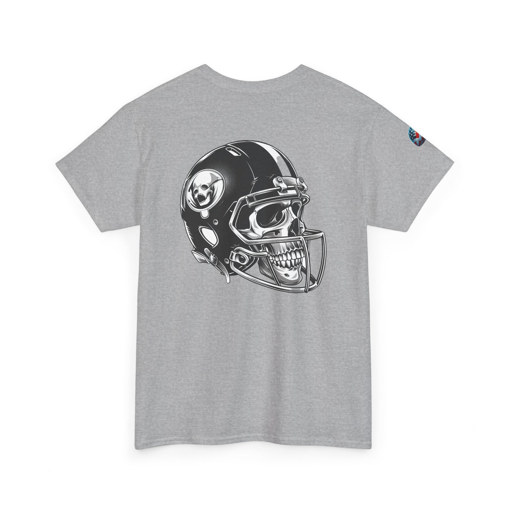 Skull Helmet Football Tee — Grunge Athletic Graphic T‑Shirt