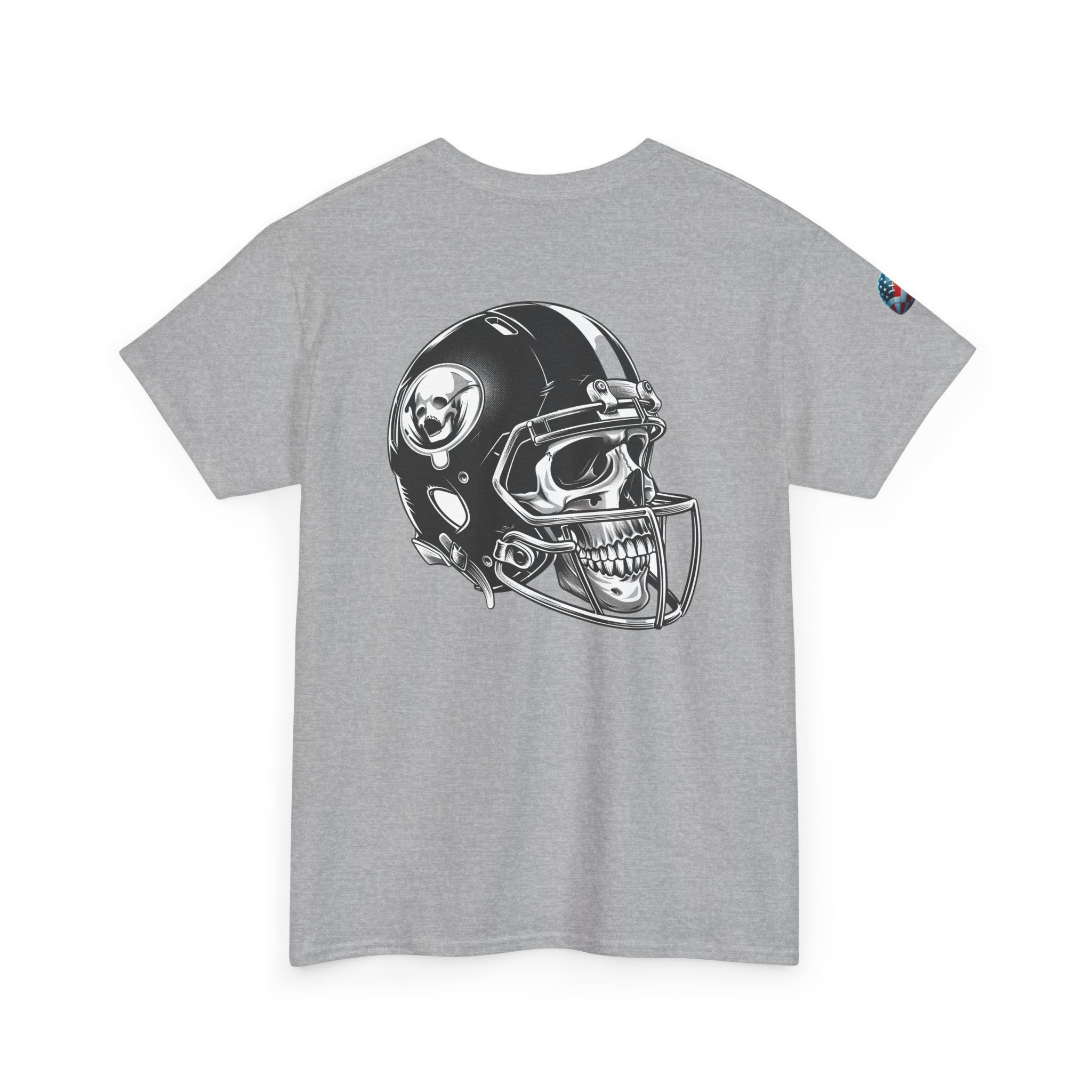 Skull Helmet Football Tee — Grunge Athletic Graphic T‑Shirt