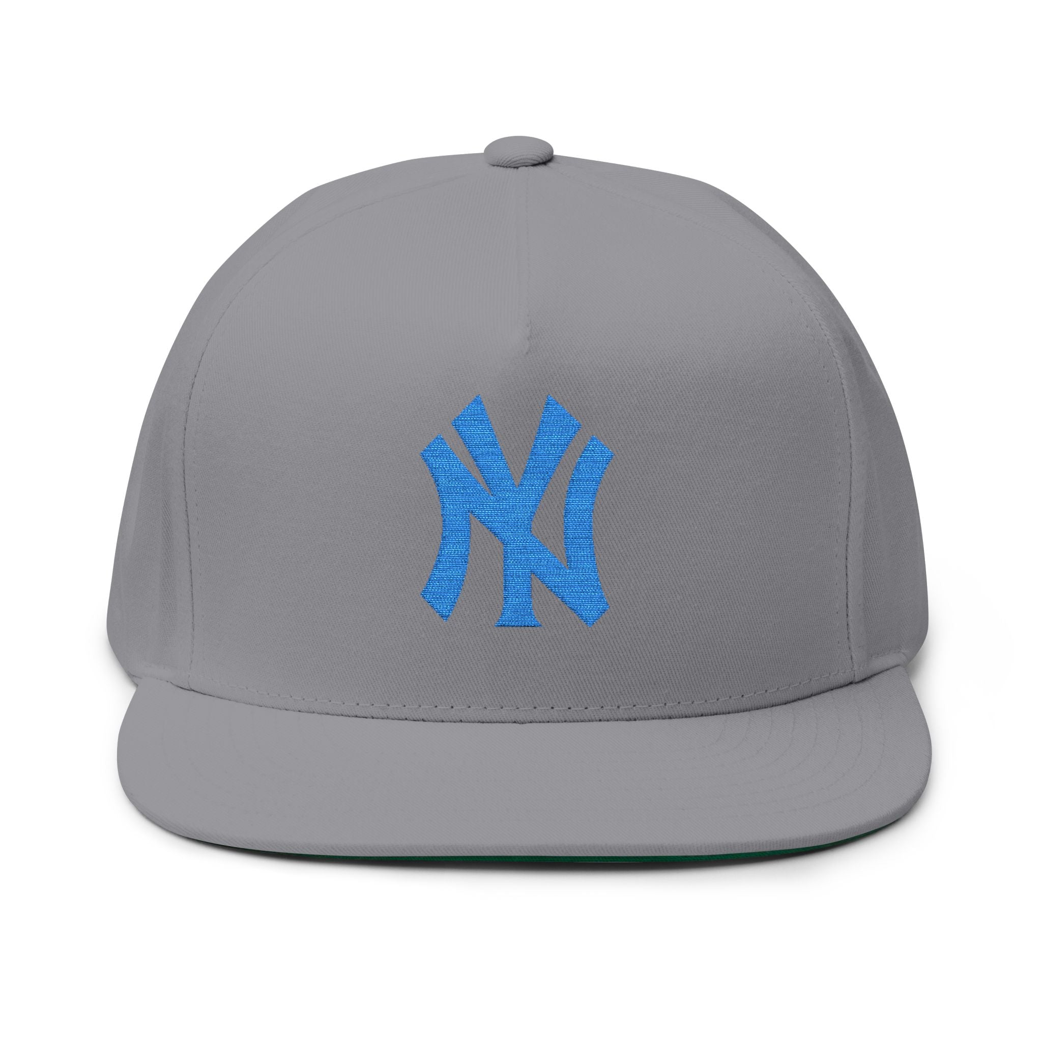 Embroidered Flat Bill Cap — Blue NY Logo Snapback Hat