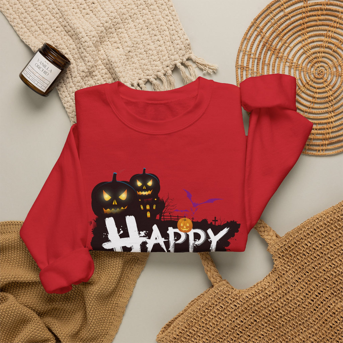 Halloween Pumpkin Crewneck Sweatshirt — "Happy Halloween" Graphic