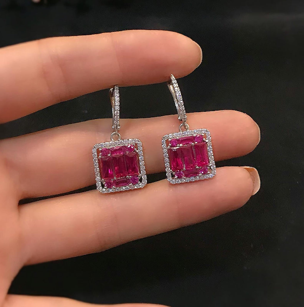 925 Sterling Silver Earrings with Red Baguette Stones - Etna Gift