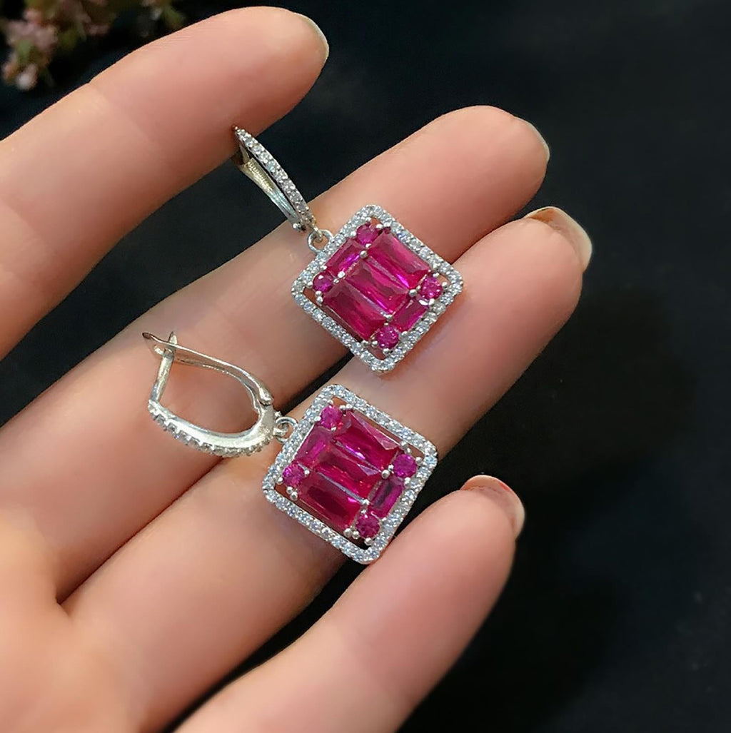 925 Sterling Silver Earrings with Red Baguette Stones - Etna Gift