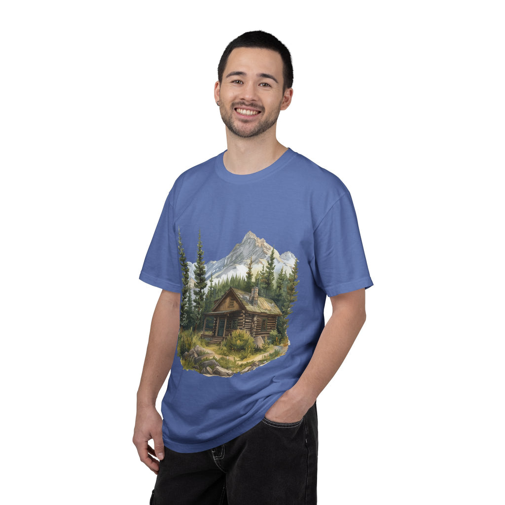 Mountain Log Cabin Illustration T-Shirt | Rustic Nature Scene