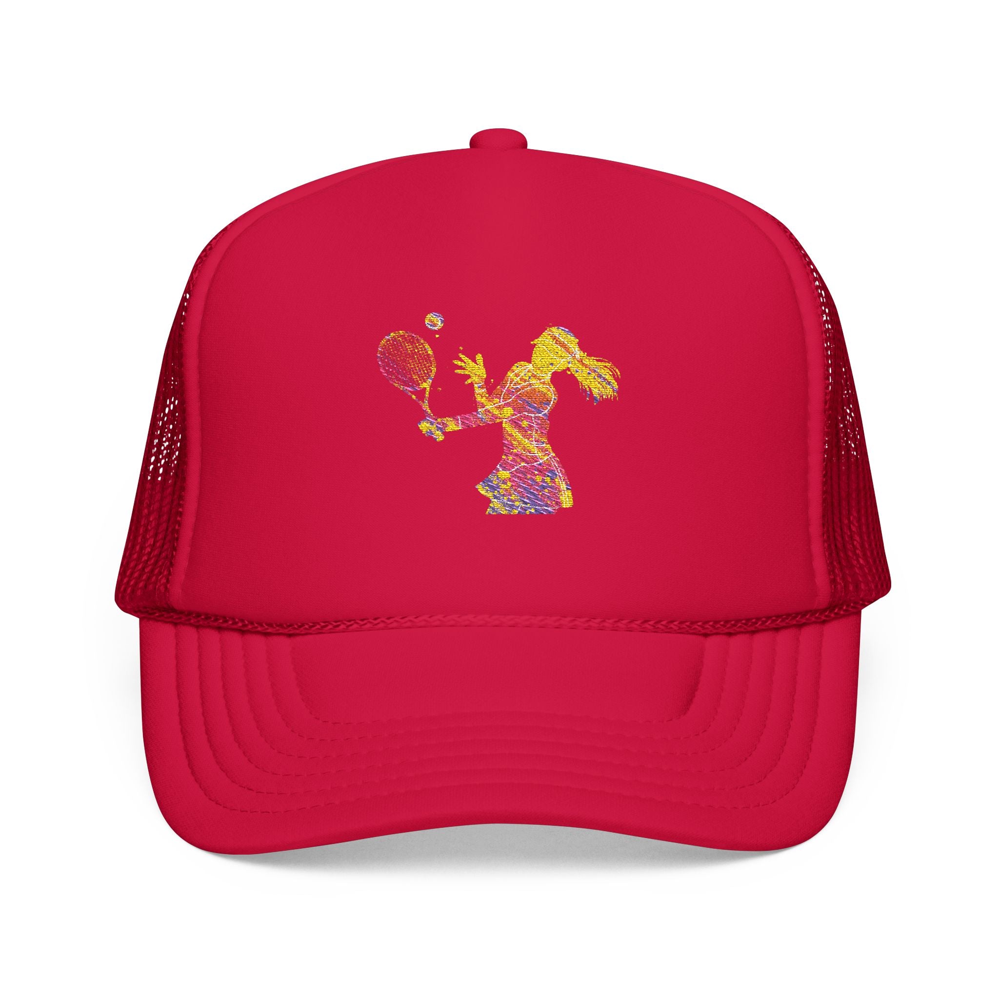 Embroidered Colorful Tennis Player Foam Trucker Hat Sporty Retro Mesh Cap